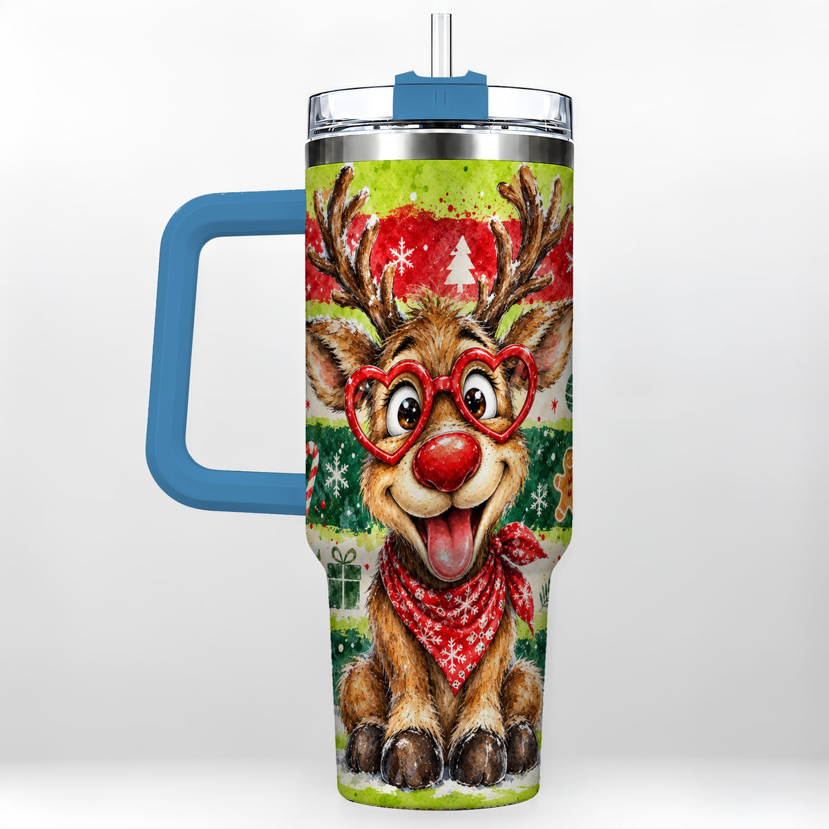 #pl[40oz|Blue] Reindeer 40oz Tumbler, Heart Glasses Tumbler, Stainless Steel Travel Cup