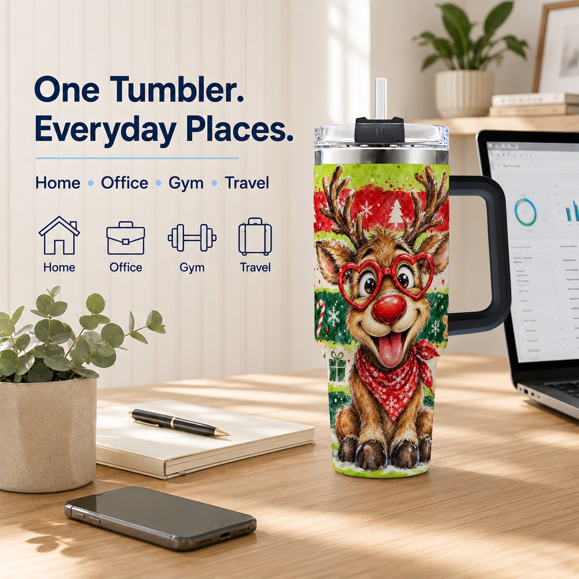 #pl[40oz|Black] Reindeer 40oz Tumbler, Heart Glasses Tumbler, Stainless Steel Travel Cup