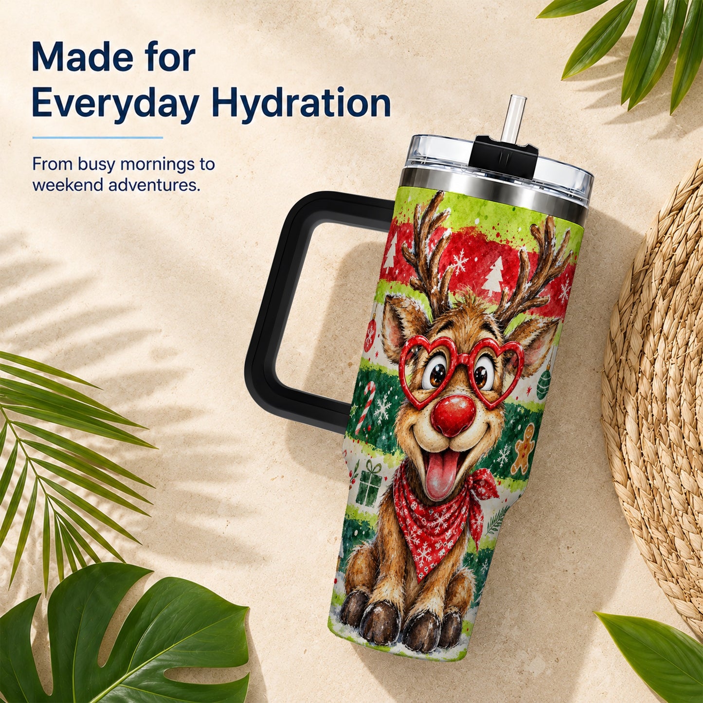 #pl[40oz|Black] Reindeer 40oz Tumbler, Heart Glasses Tumbler, Stainless Steel Travel Cup