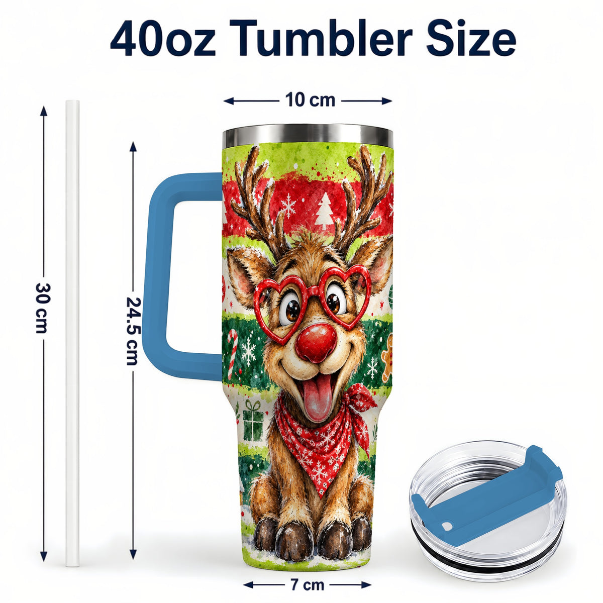 #pl[40oz|Blue] Reindeer 40oz Tumbler, Heart Glasses Tumbler, Stainless Steel Travel Cup