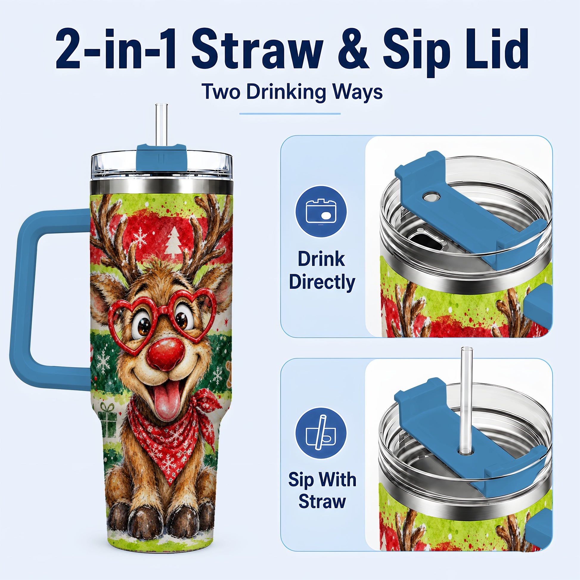 #pl[40oz|Blue] Reindeer 40oz Tumbler, Heart Glasses Tumbler, Stainless Steel Travel Cup