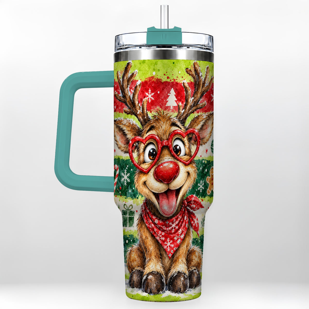 #pl[40oz|Green] Reindeer 40oz Tumbler, Heart Glasses Tumbler, Stainless Steel Travel Cup