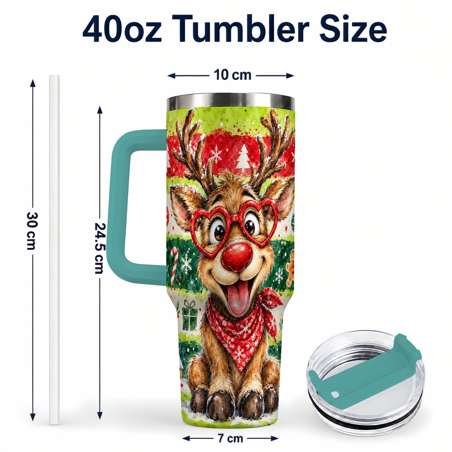 #pl[40oz|Green] Reindeer 40oz Tumbler, Heart Glasses Tumbler, Stainless Steel Travel Cup