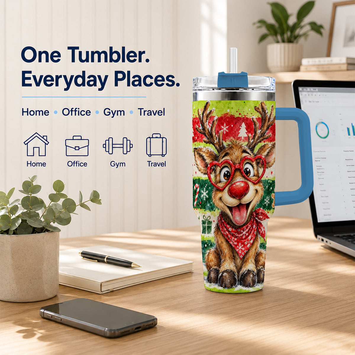 #pl[40oz|Blue] Reindeer 40oz Tumbler, Heart Glasses Tumbler, Stainless Steel Travel Cup