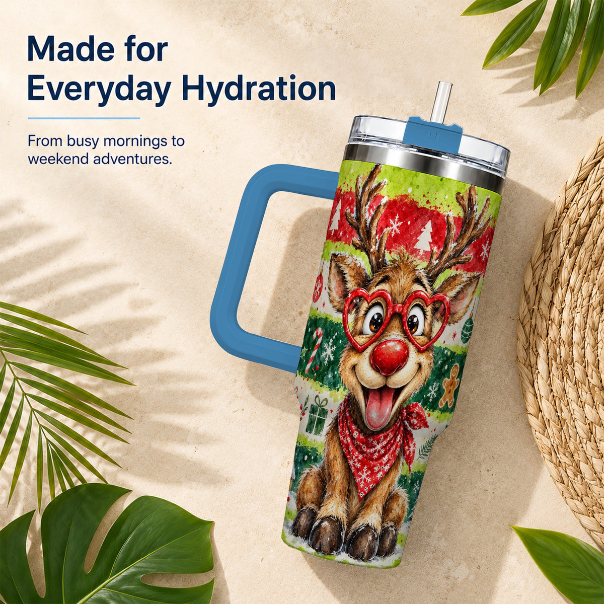 #pl[40oz|Blue] Reindeer 40oz Tumbler, Heart Glasses Tumbler, Stainless Steel Travel Cup