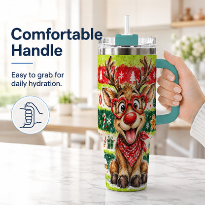 #pl[40oz|Green] Reindeer 40oz Tumbler, Heart Glasses Tumbler, Stainless Steel Travel Cup
