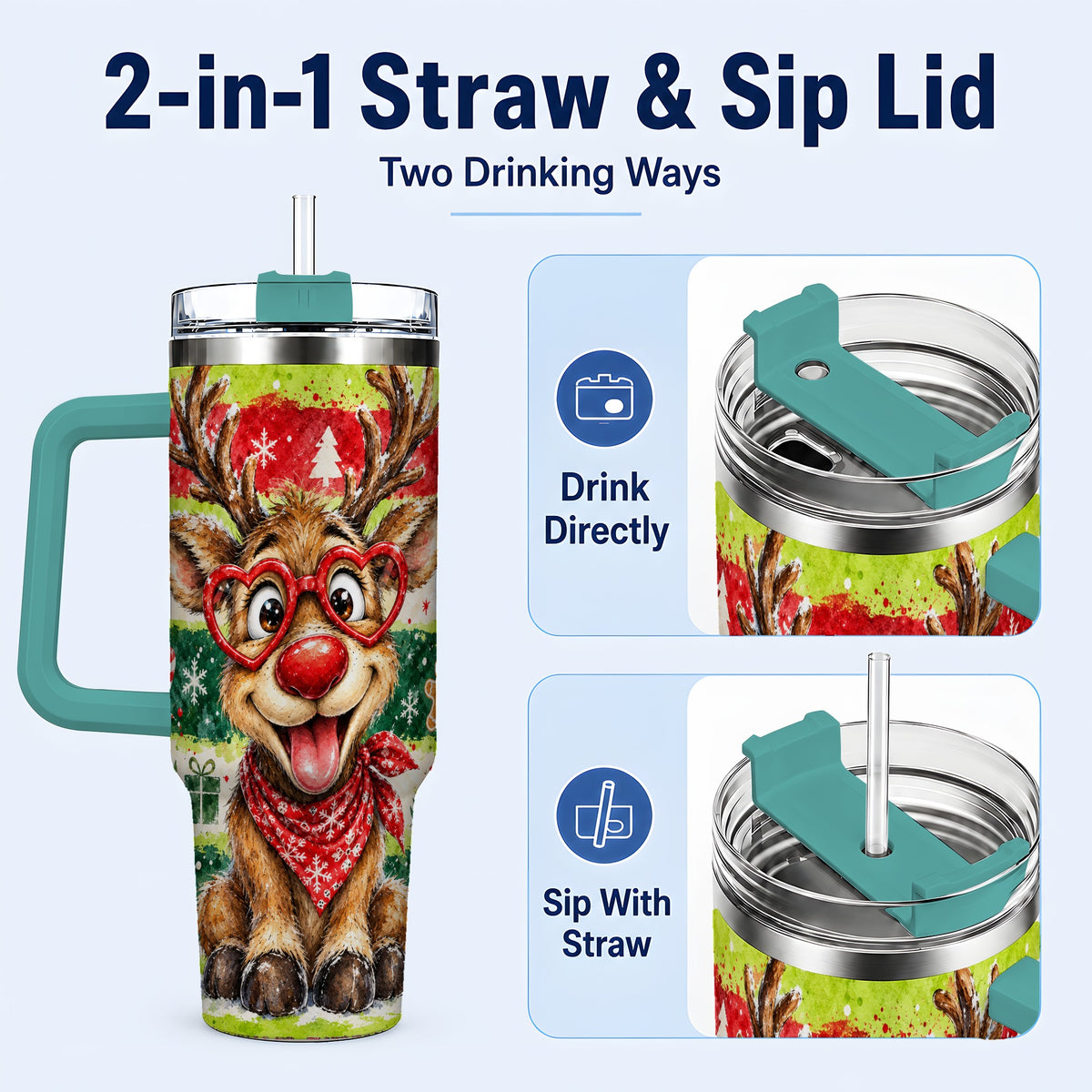 #pl[40oz|Green] Reindeer 40oz Tumbler, Heart Glasses Tumbler, Stainless Steel Travel Cup
