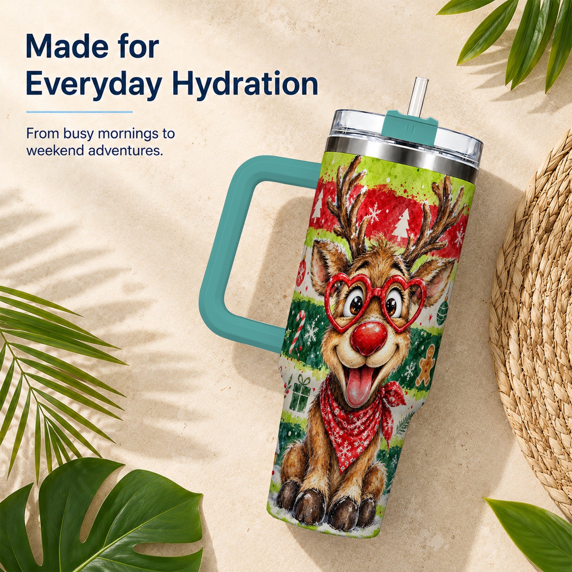 #pl[40oz|Green] Reindeer 40oz Tumbler, Heart Glasses Tumbler, Stainless Steel Travel Cup