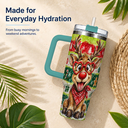 #pl[40oz|Green] Reindeer 40oz Tumbler, Heart Glasses Tumbler, Stainless Steel Travel Cup