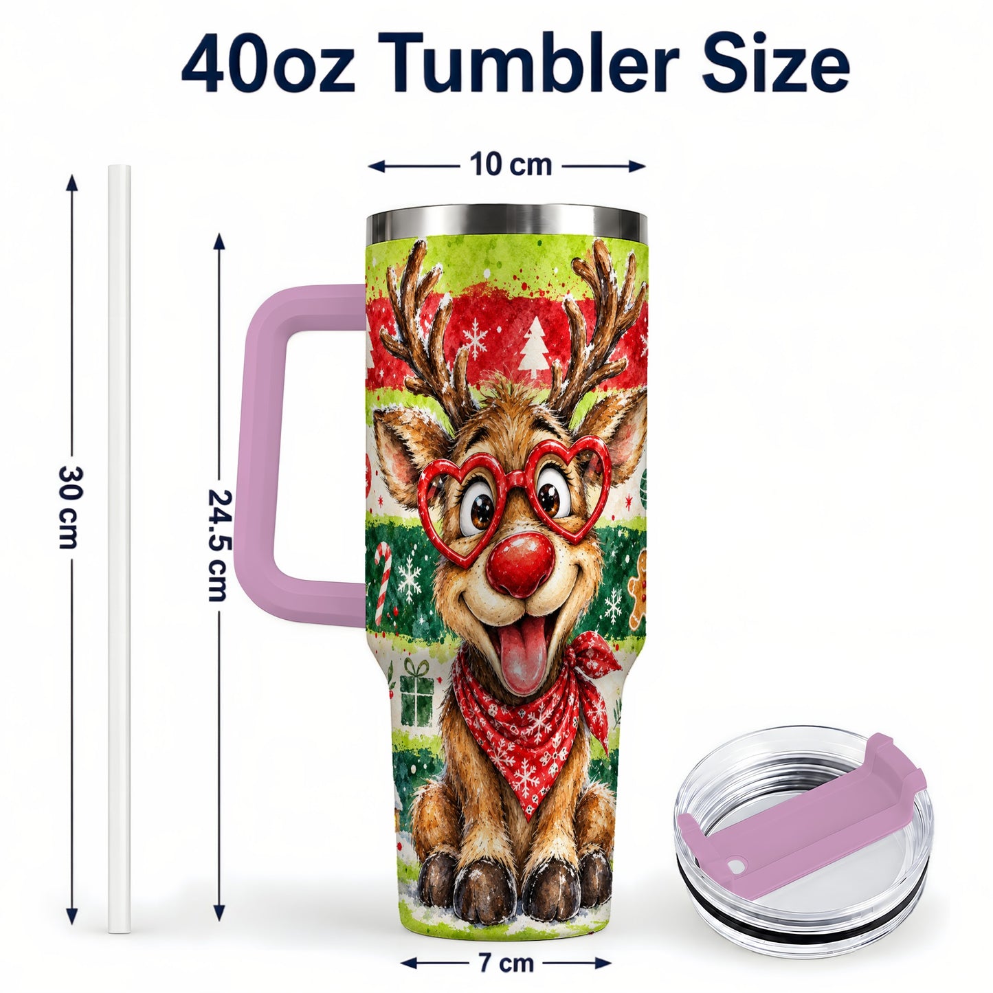 #pl[40oz|Pink] Reindeer 40oz Tumbler, Heart Glasses Tumbler, Stainless Steel Travel Cup