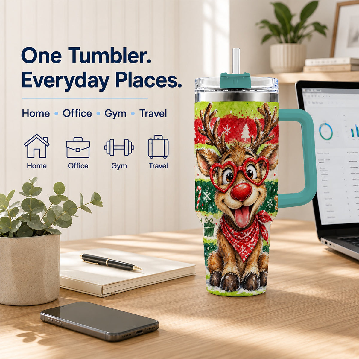 #pl[40oz|Green] Reindeer 40oz Tumbler, Heart Glasses Tumbler, Stainless Steel Travel Cup