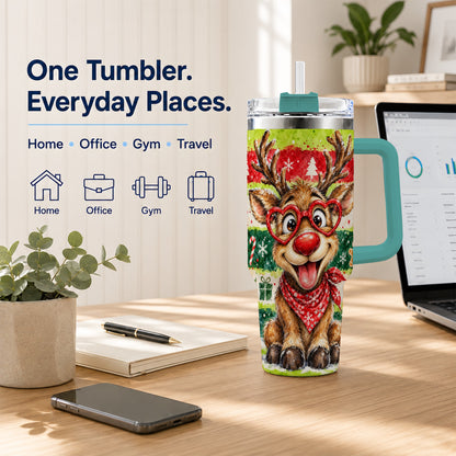#pl[40oz|Green] Reindeer 40oz Tumbler, Heart Glasses Tumbler, Stainless Steel Travel Cup