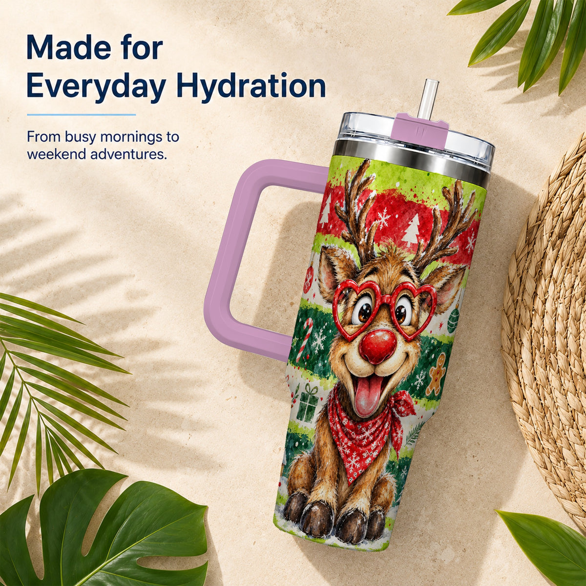 #pl[40oz|Pink] Reindeer 40oz Tumbler, Heart Glasses Tumbler, Stainless Steel Travel Cup