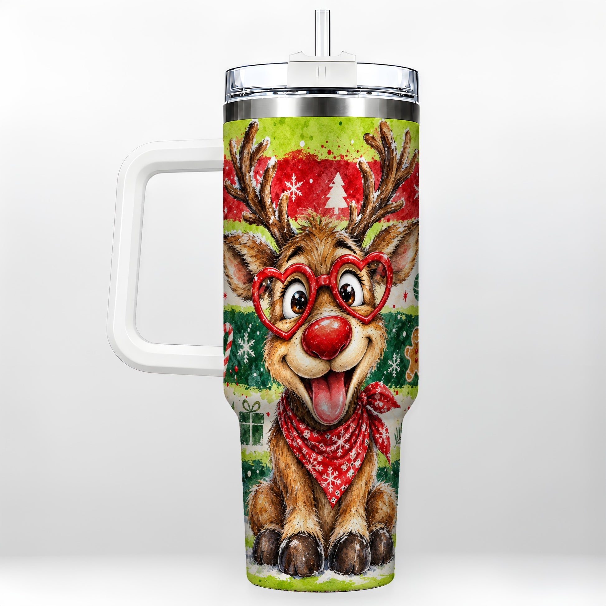 Reindeer 40oz Tumbler, Heart Glasses Tumbler, Stainless Steel Travel Cup