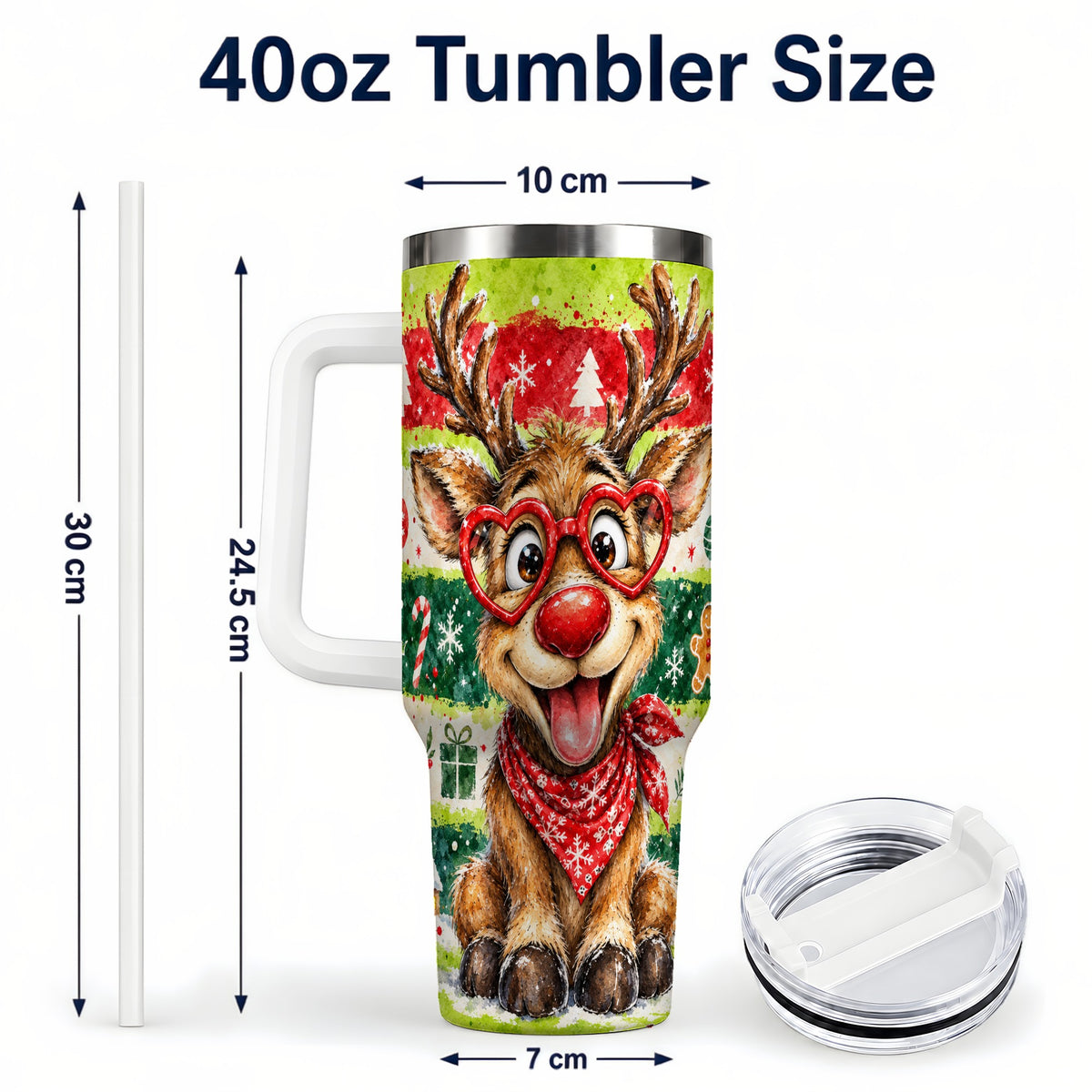 #pl[40oz|White] Reindeer 40oz Tumbler, Heart Glasses Tumbler, Stainless Steel Travel Cup