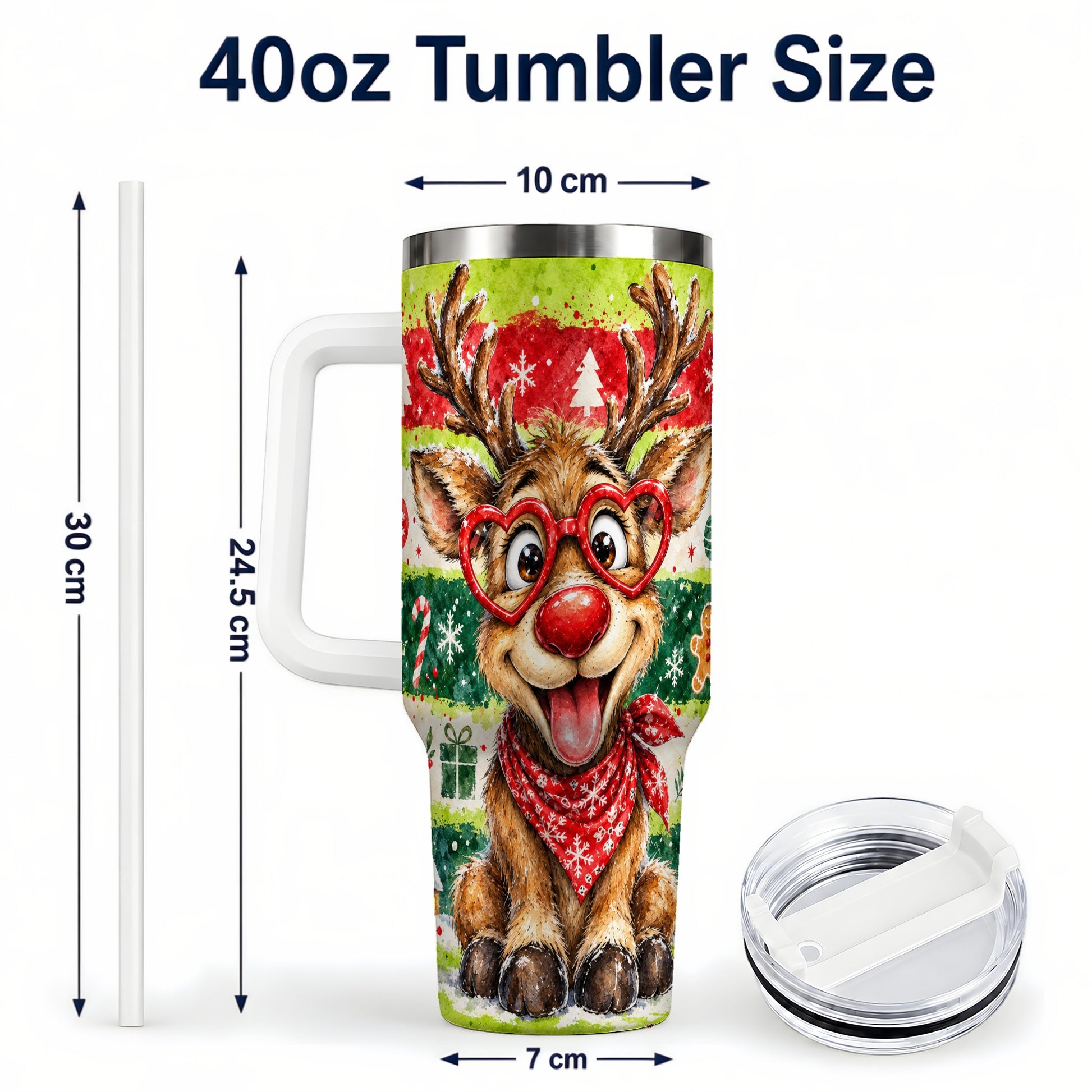 #pl[40oz|White] Reindeer 40oz Tumbler, Heart Glasses Tumbler, Stainless Steel Travel Cup
