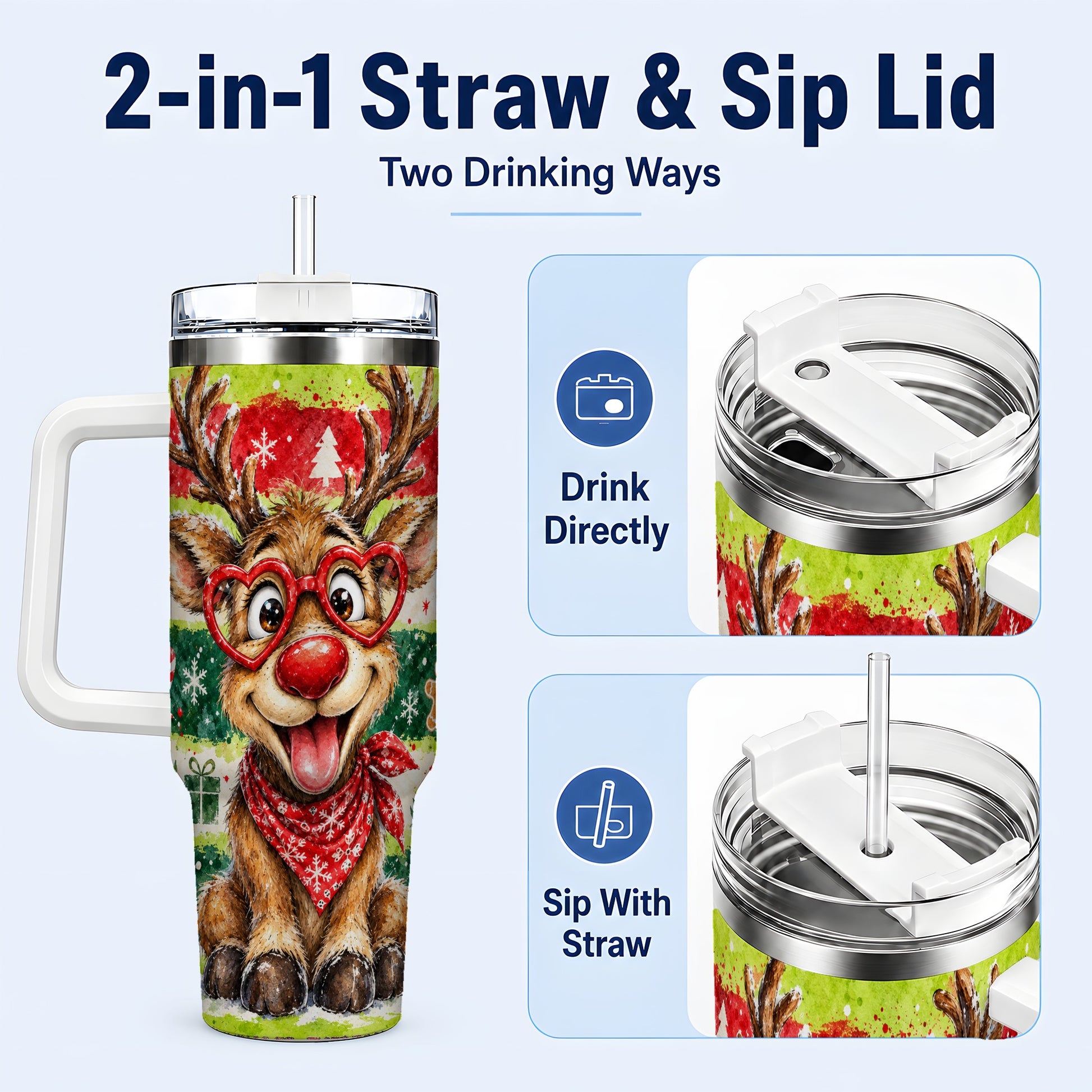 #pl[40oz|White] Reindeer 40oz Tumbler, Heart Glasses Tumbler, Stainless Steel Travel Cup