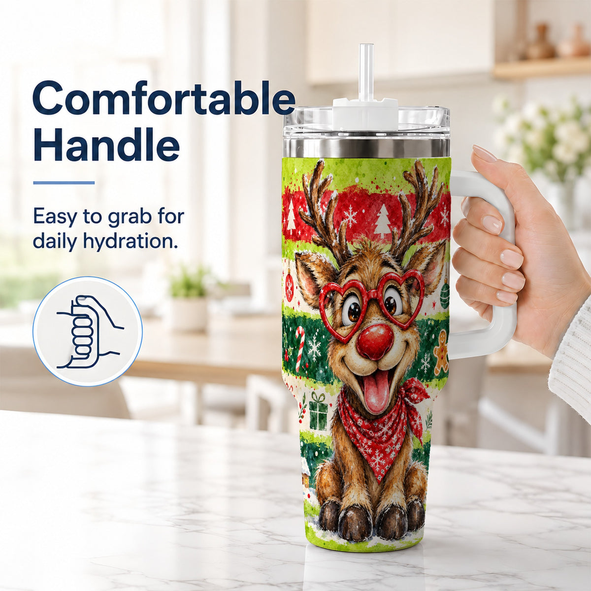 #pl[40oz|White] Reindeer 40oz Tumbler, Heart Glasses Tumbler, Stainless Steel Travel Cup