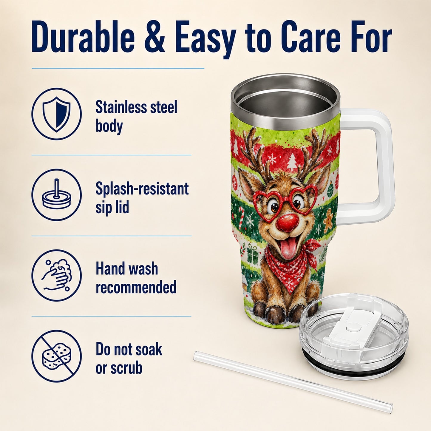 #pl[40oz|White] Reindeer 40oz Tumbler, Heart Glasses Tumbler, Stainless Steel Travel Cup