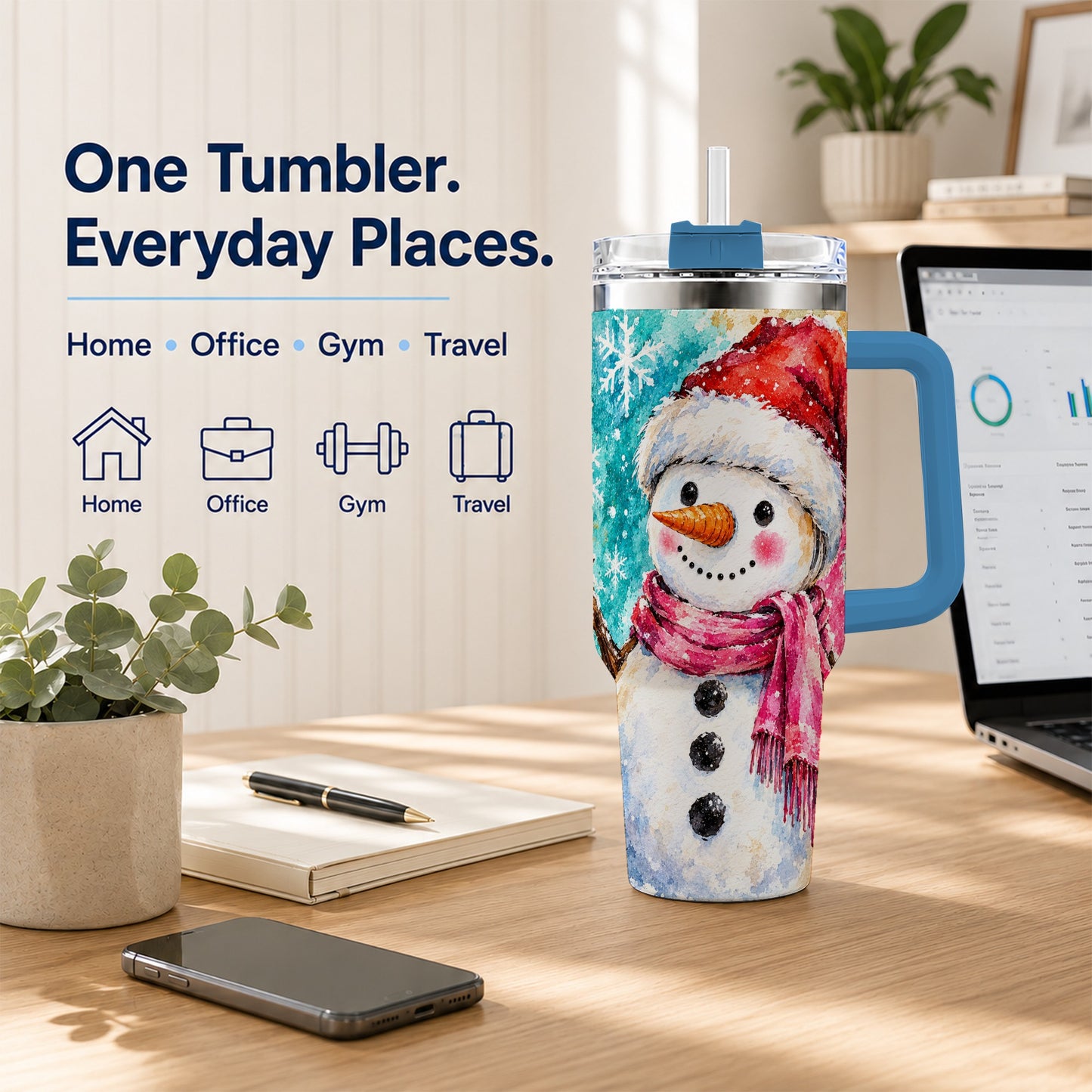 #pl[40oz|Blue] Snowman 40oz Tumbler, Santa Hat Tumbler, Stainless Steel Travel Cup