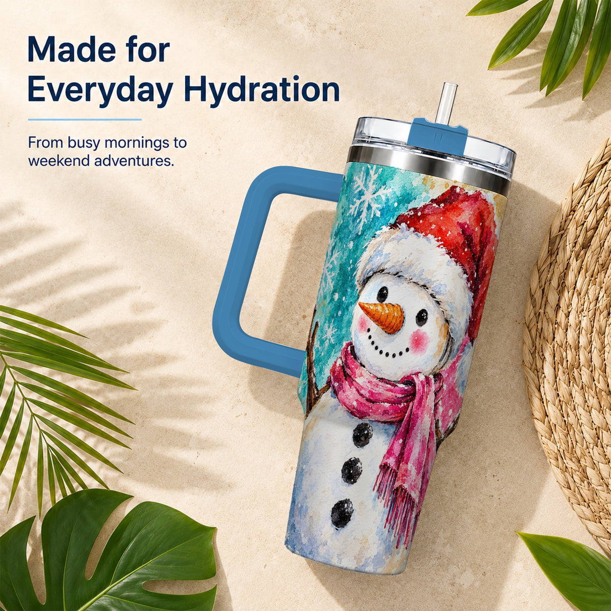 #pl[40oz|Blue] Snowman 40oz Tumbler, Santa Hat Tumbler, Stainless Steel Travel Cup