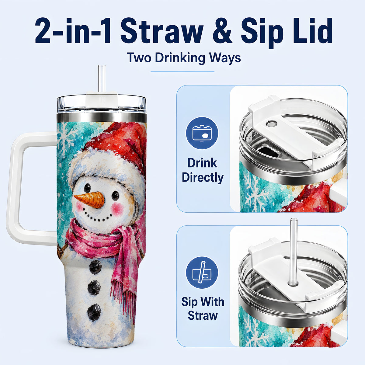 #pl[40oz|White] Snowman 40oz Tumbler, Santa Hat Tumbler, Stainless Steel Travel Cup