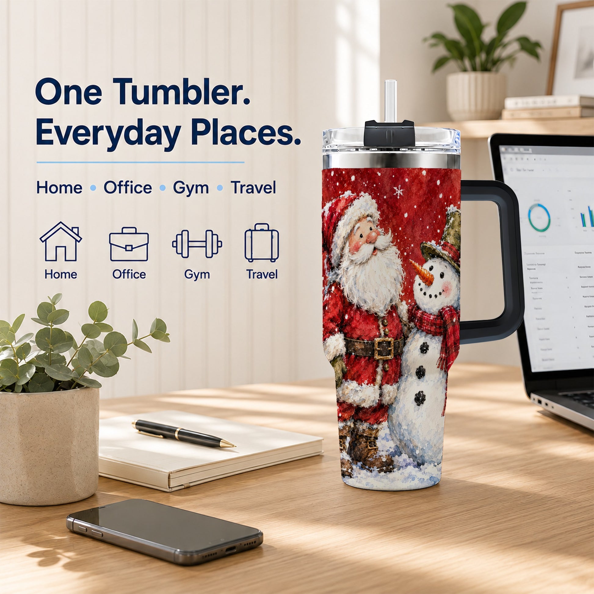#pl[40oz|Black] Santa Snowman 40oz Tumbler, Holiday Tumbler, Stainless Steel Travel Cup