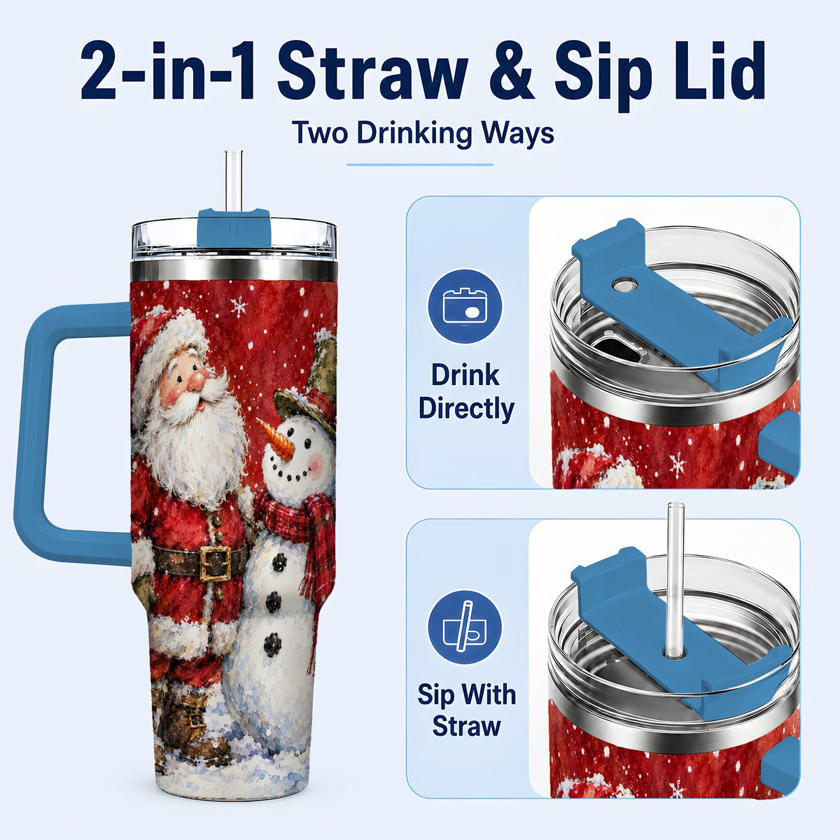 #pl[40oz|Blue] Santa Snowman 40oz Tumbler, Holiday Tumbler, Stainless Steel Travel Cup