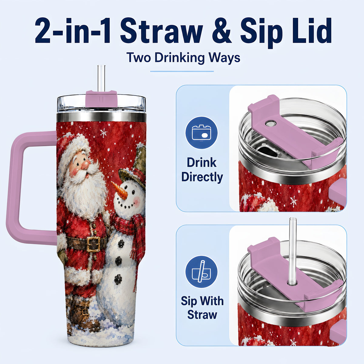 #pl[40oz|Pink] Santa Snowman 40oz Tumbler, Holiday Tumbler, Stainless Steel Travel Cup