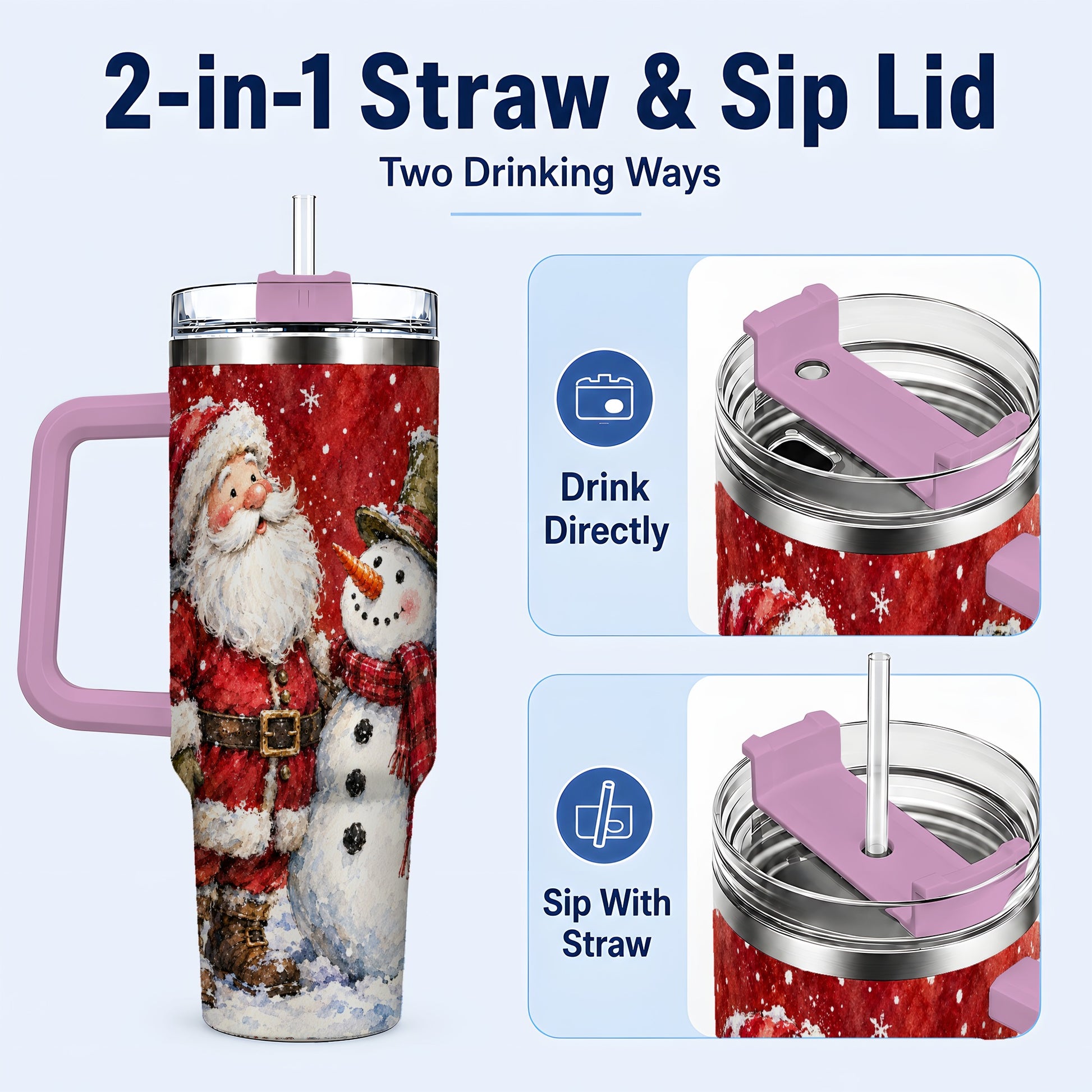 #pl[40oz|Pink] Santa Snowman 40oz Tumbler, Holiday Tumbler, Stainless Steel Travel Cup