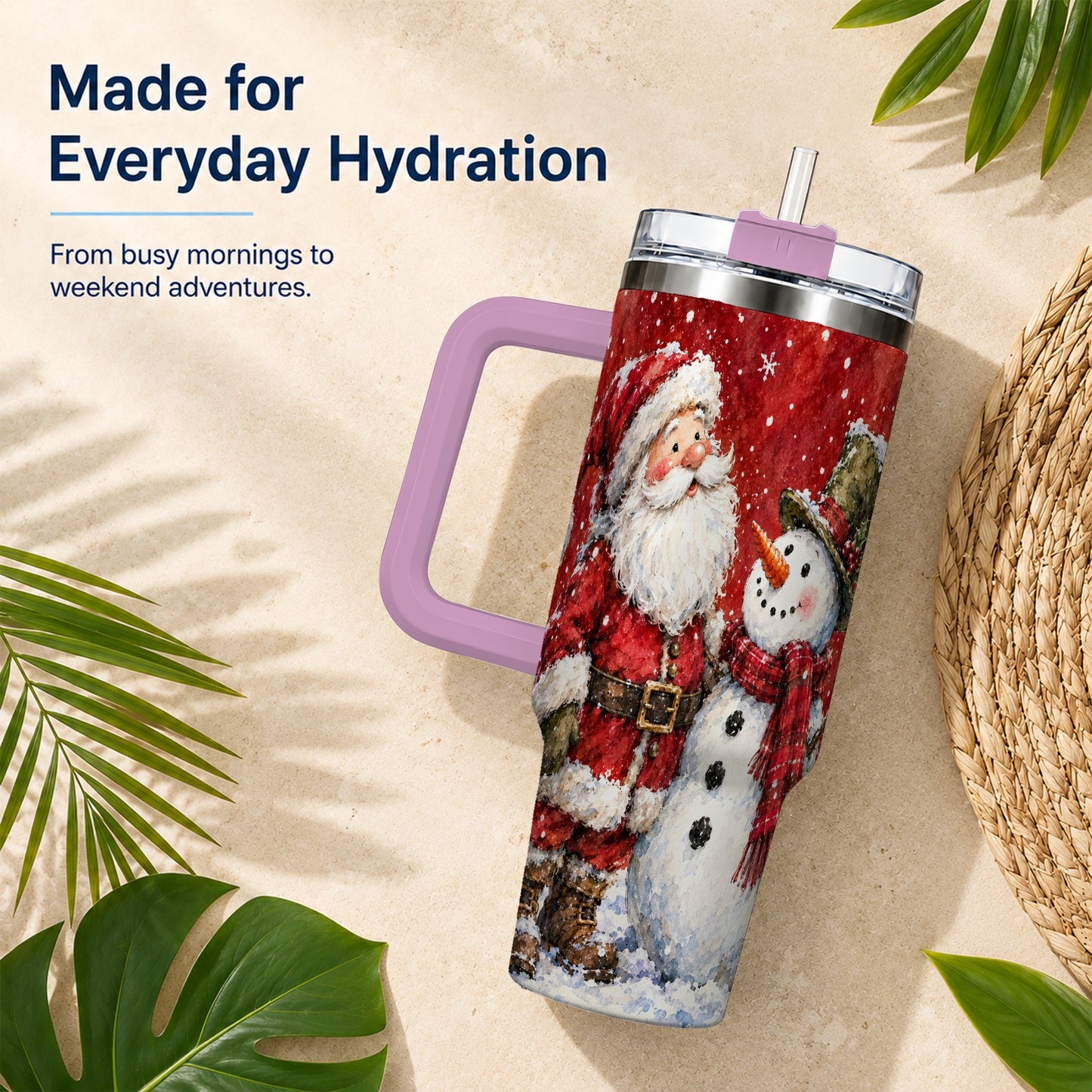 #pl[40oz|Pink] Santa Snowman 40oz Tumbler, Holiday Tumbler, Stainless Steel Travel Cup