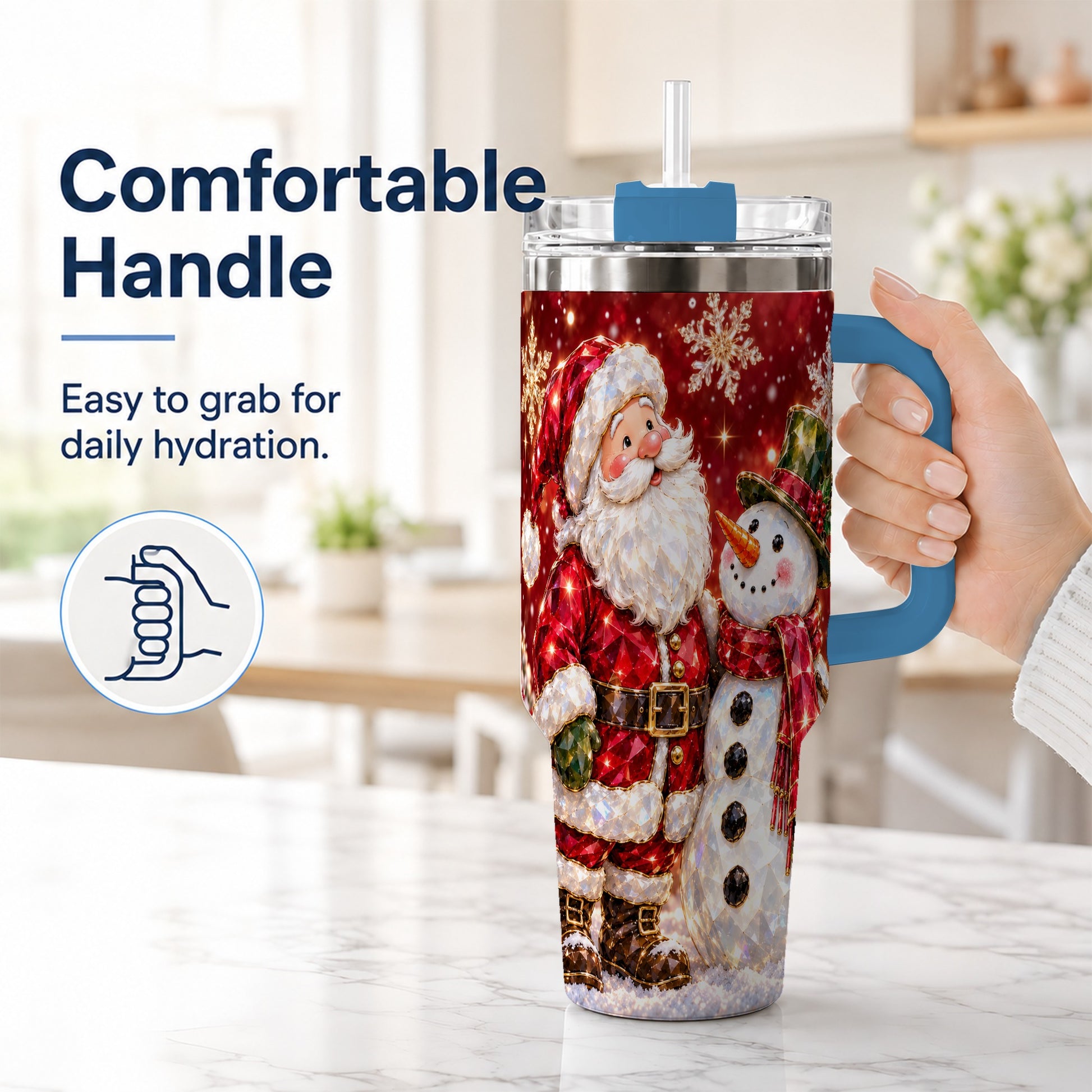 #pl[40oz|Blue] Santa Snowman 40oz Tumbler, Faceted Art Tumbler, Stainless Steel Travel Cup
