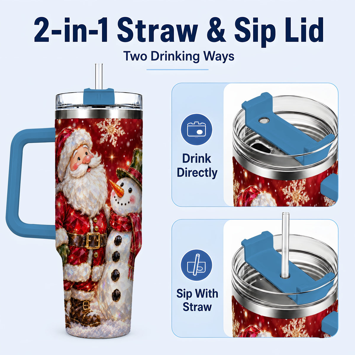 #pl[40oz|Blue] Santa Snowman 40oz Tumbler, Faceted Art Tumbler, Stainless Steel Travel Cup