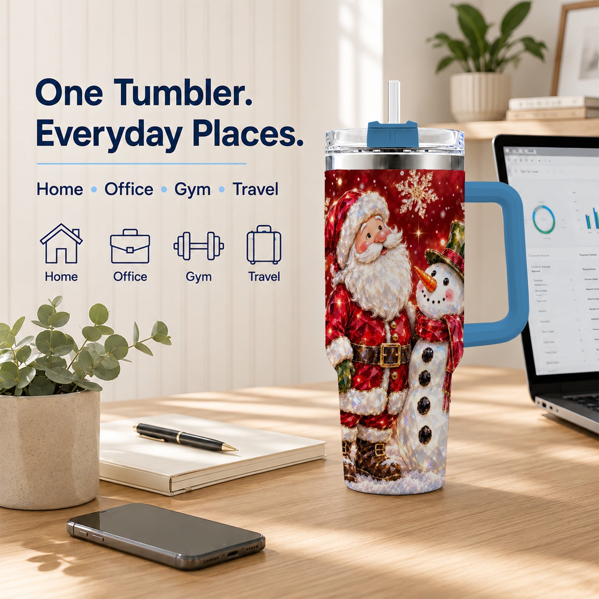 #pl[40oz|Blue] Santa Snowman 40oz Tumbler, Faceted Art Tumbler, Stainless Steel Travel Cup