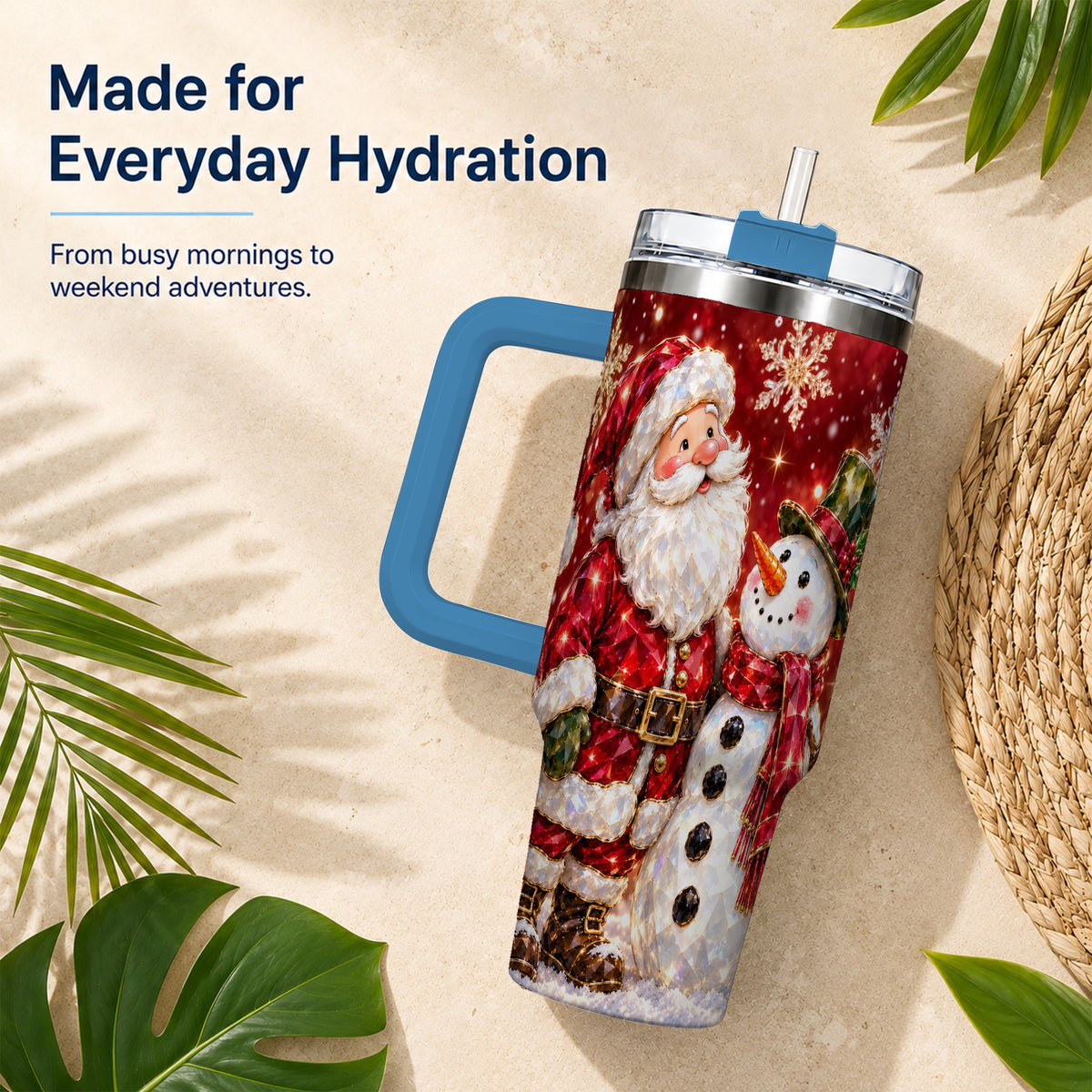 #pl[40oz|Blue] Santa Snowman 40oz Tumbler, Faceted Art Tumbler, Stainless Steel Travel Cup