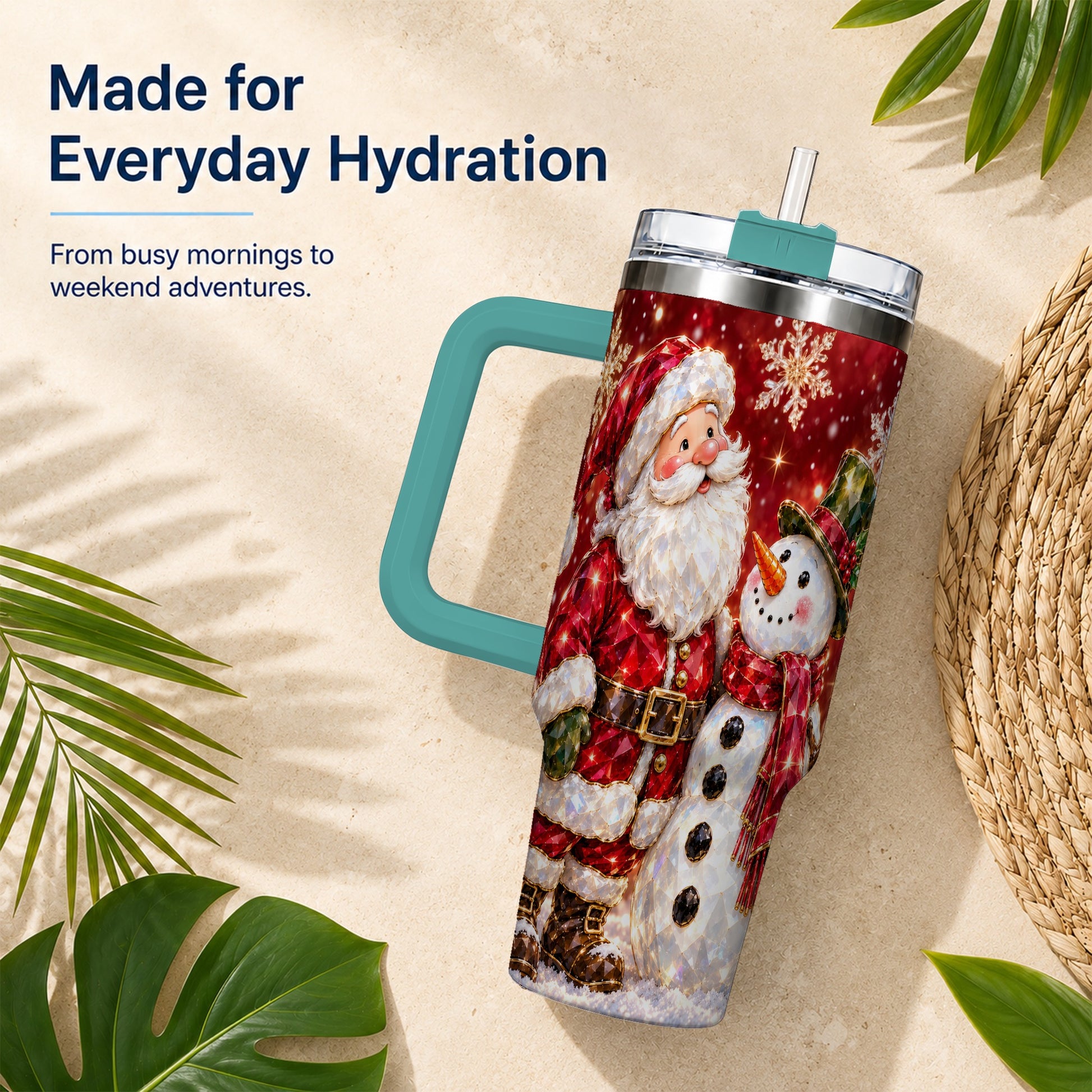 #pl[40oz|Green] Santa Snowman 40oz Tumbler, Faceted Art Tumbler, Stainless Steel Travel Cup