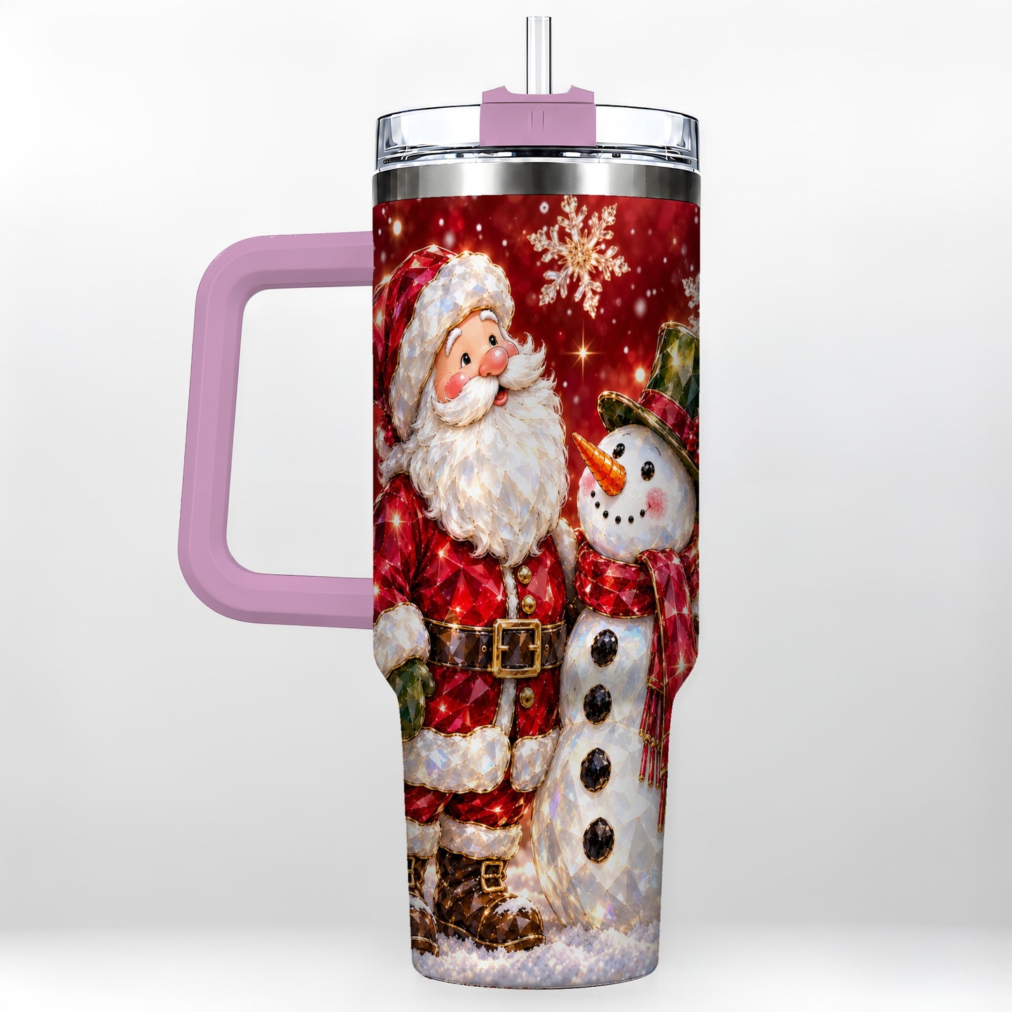 #pl[40oz|Pink] Santa Snowman 40oz Tumbler, Faceted Art Tumbler, Stainless Steel Travel Cup