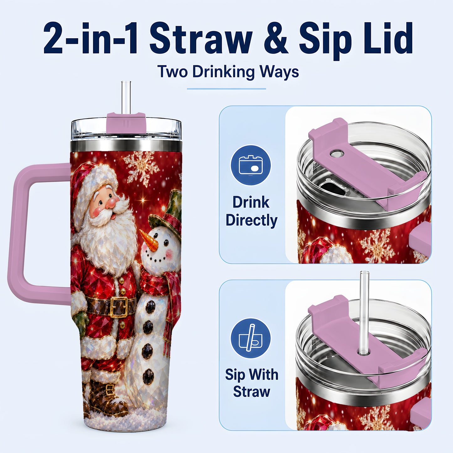 #pl[40oz|Pink] Santa Snowman 40oz Tumbler, Faceted Art Tumbler, Stainless Steel Travel Cup