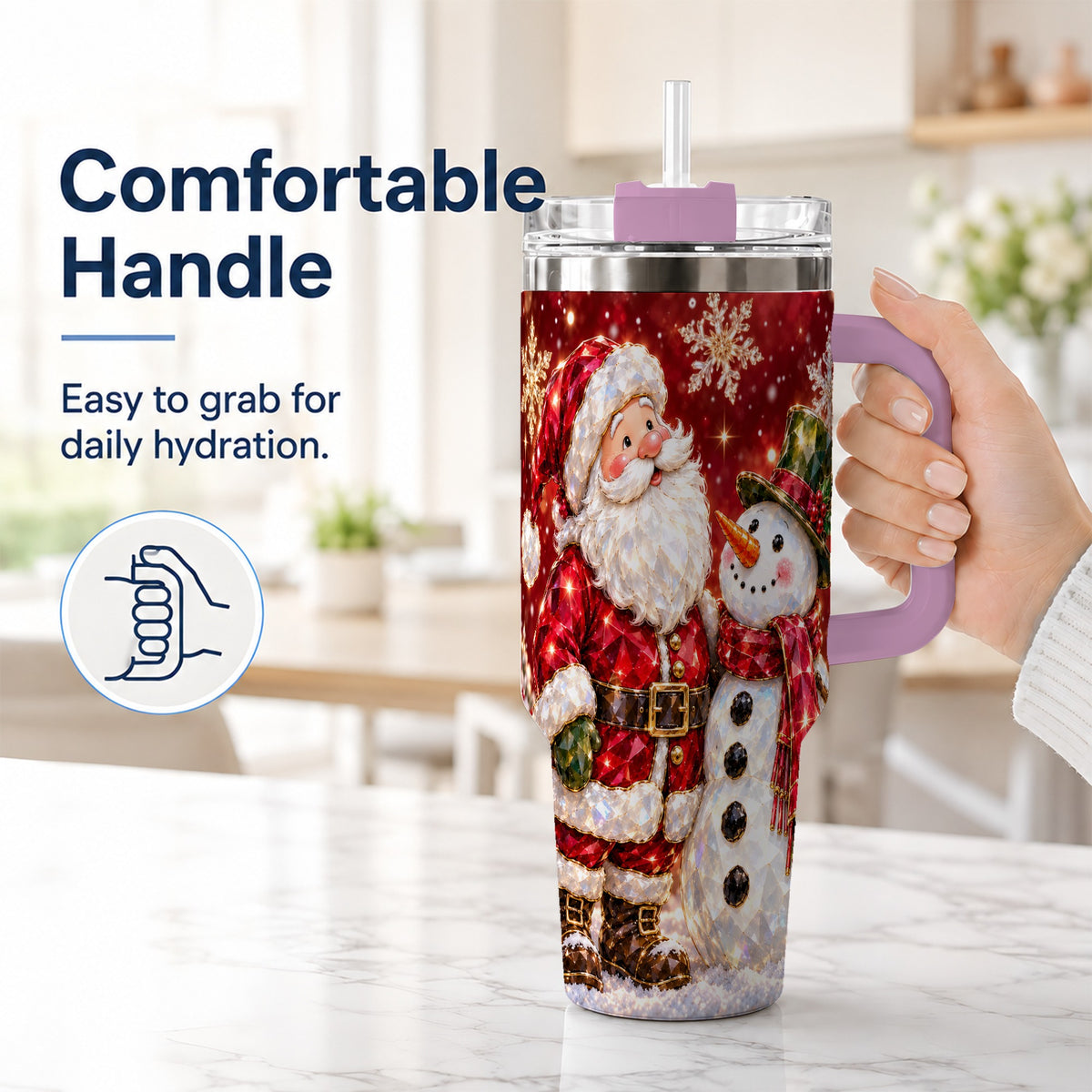 #pl[40oz|Pink] Santa Snowman 40oz Tumbler, Faceted Art Tumbler, Stainless Steel Travel Cup