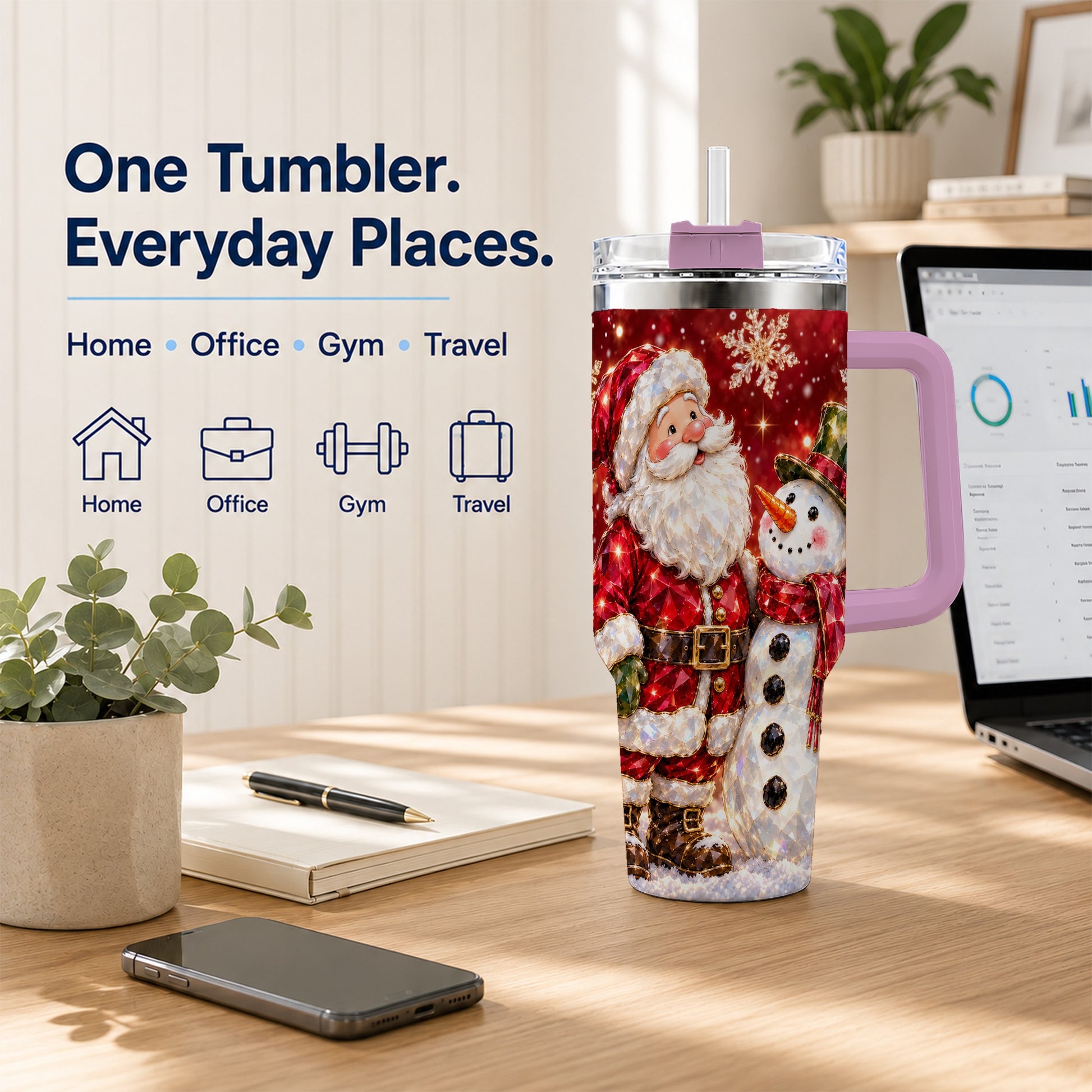 #pl[40oz|Pink] Santa Snowman 40oz Tumbler, Faceted Art Tumbler, Stainless Steel Travel Cup