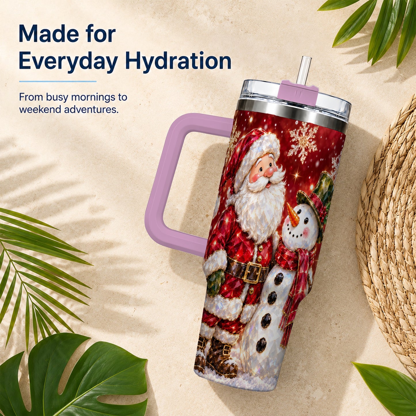 #pl[40oz|Pink] Santa Snowman 40oz Tumbler, Faceted Art Tumbler, Stainless Steel Travel Cup