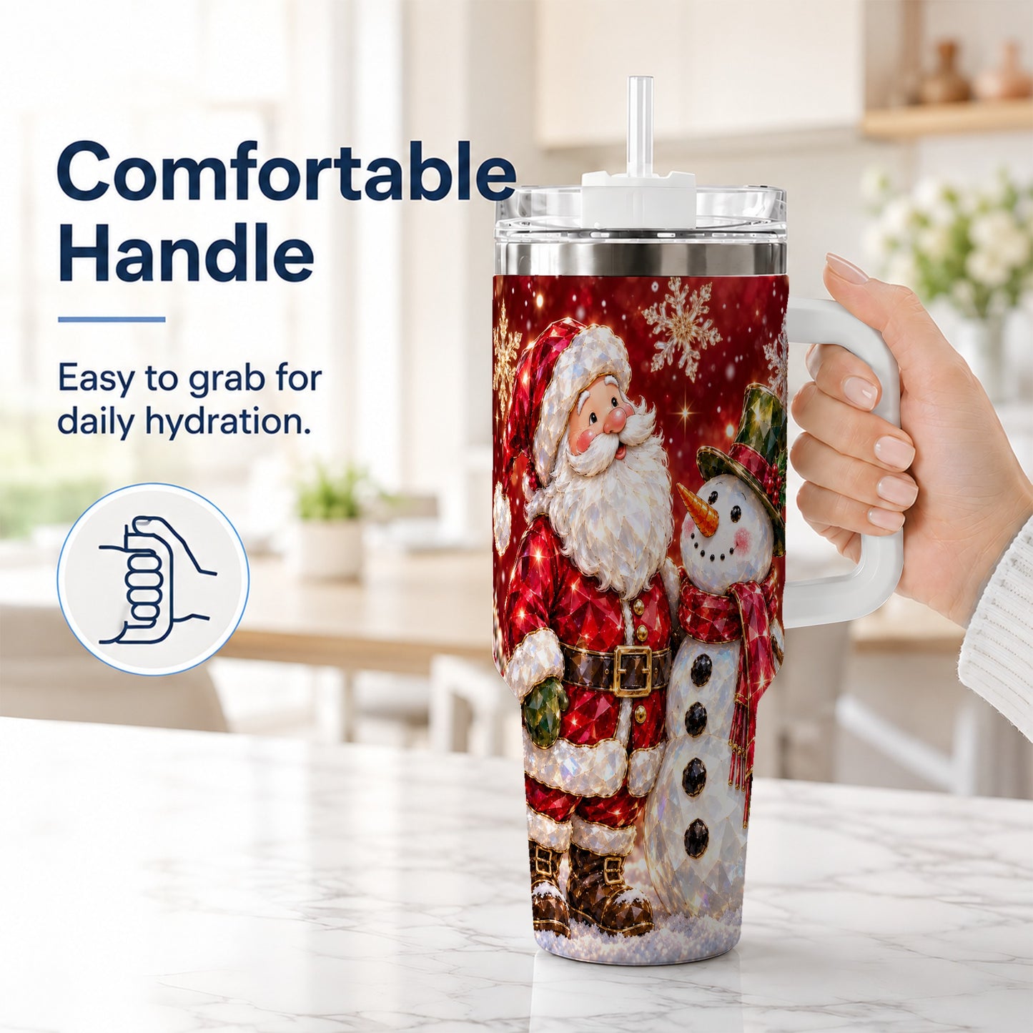 #pl[40oz|White] Santa Snowman 40oz Tumbler, Faceted Art Tumbler, Stainless Steel Travel Cup