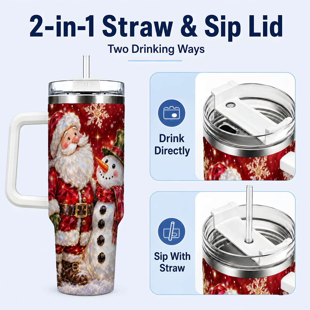 #pl[40oz|White] Santa Snowman 40oz Tumbler, Faceted Art Tumbler, Stainless Steel Travel Cup