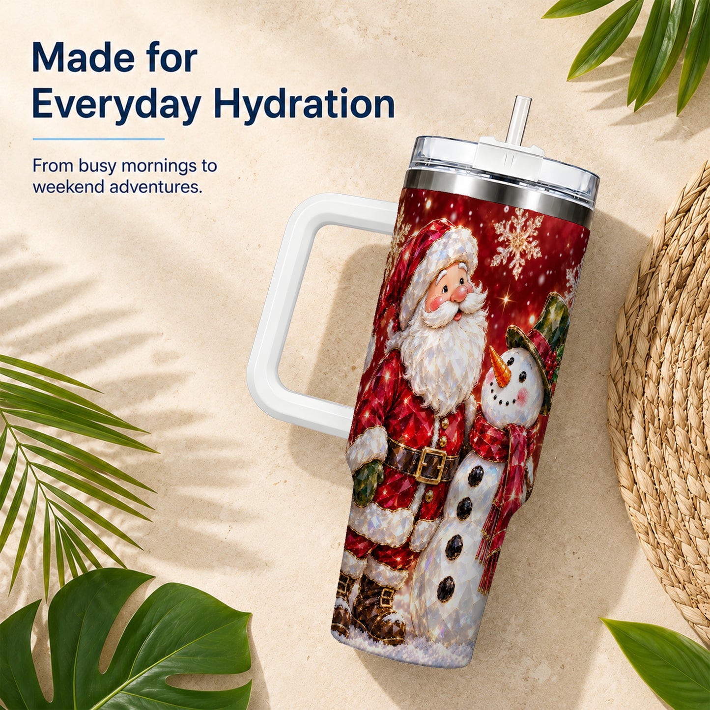 #pl[40oz|White] Santa Snowman 40oz Tumbler, Faceted Art Tumbler, Stainless Steel Travel Cup