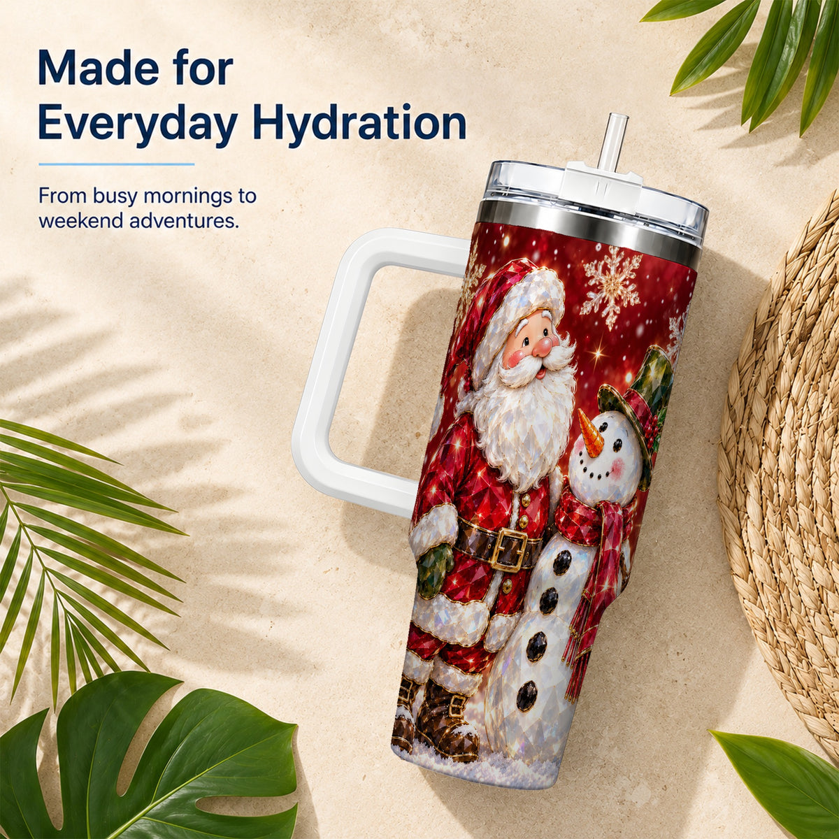 #pl[40oz|White] Santa Snowman 40oz Tumbler, Faceted Art Tumbler, Stainless Steel Travel Cup
