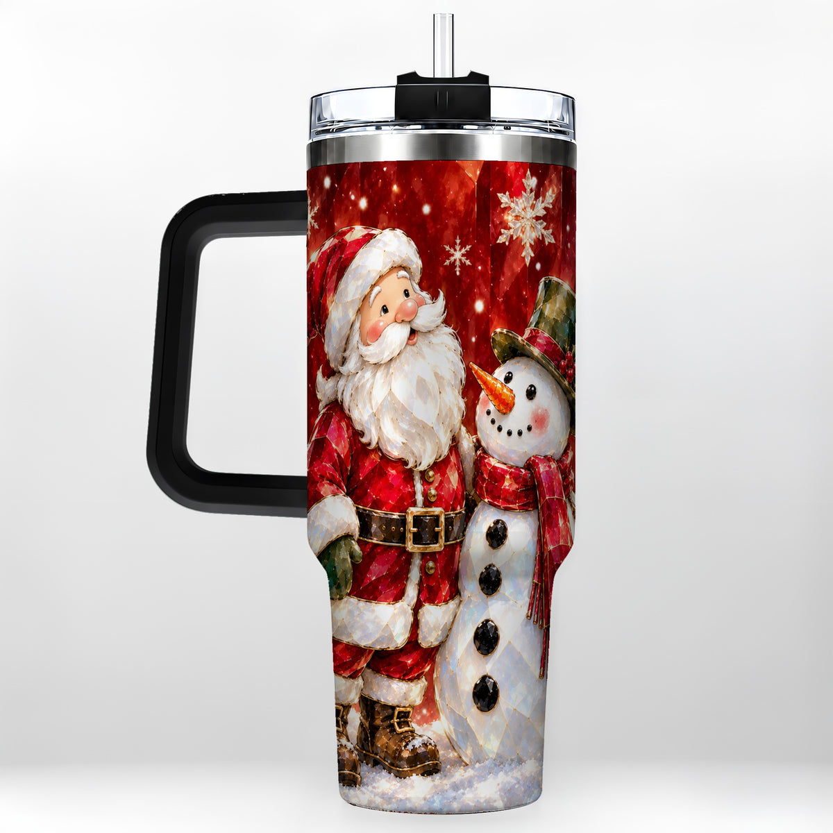 #pl[40oz|Black] Santa and Snowman 40oz Tumbler with Handle, Christmas Holiday Travel Cup