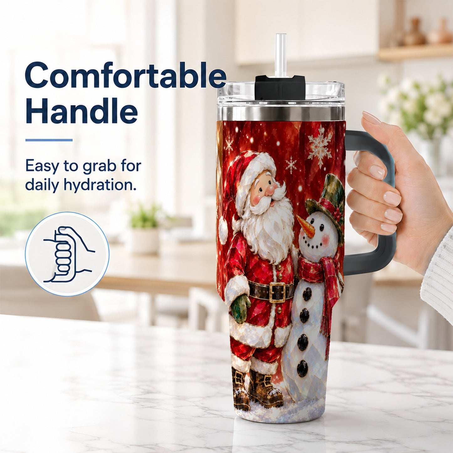 #pl[40oz|Black] Santa and Snowman 40oz Tumbler with Handle, Christmas Holiday Travel Cup