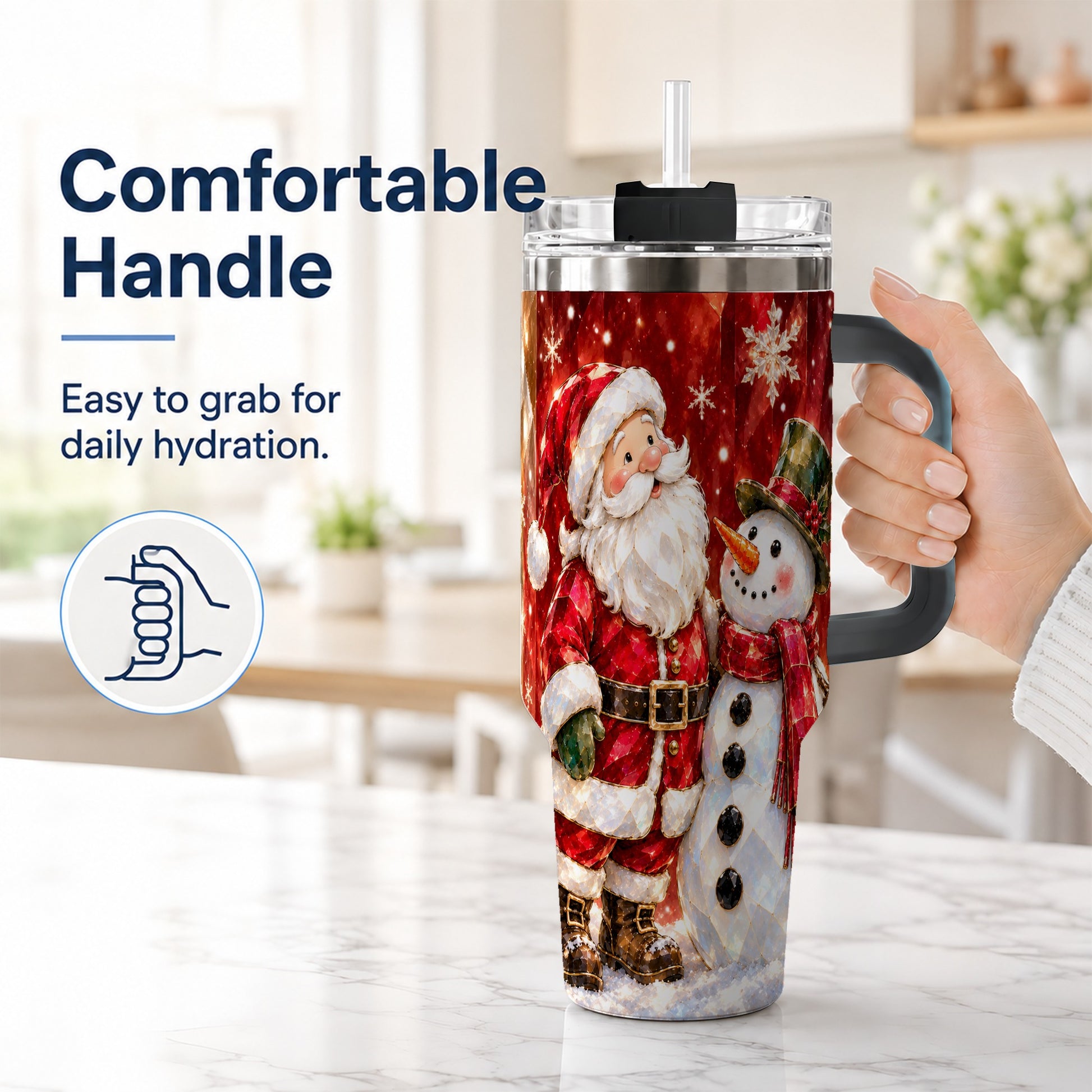 #pl[40oz|Black] Santa and Snowman 40oz Tumbler with Handle, Christmas Holiday Travel Cup