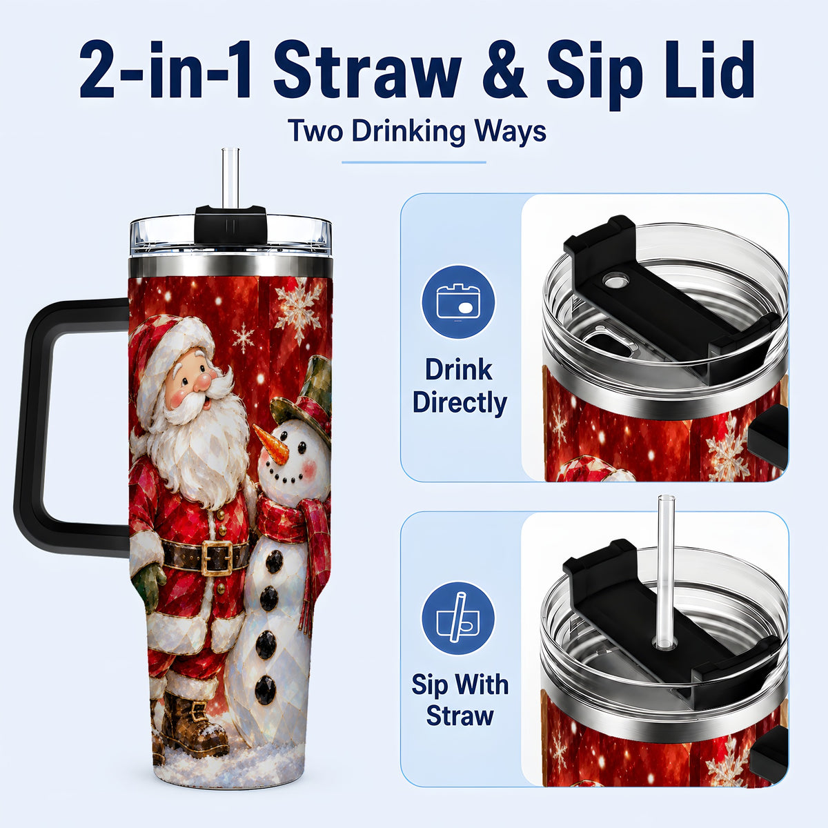 #pl[40oz|Black] Santa and Snowman 40oz Tumbler with Handle, Christmas Holiday Travel Cup