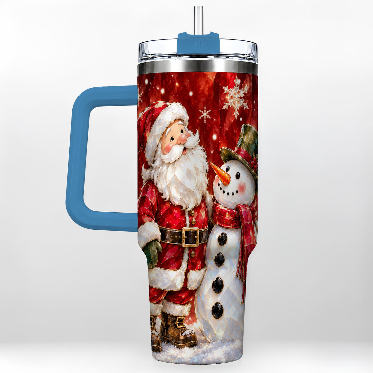 #pl[40oz|Blue] Santa and Snowman 40oz Tumbler with Handle, Christmas Holiday Travel Cup